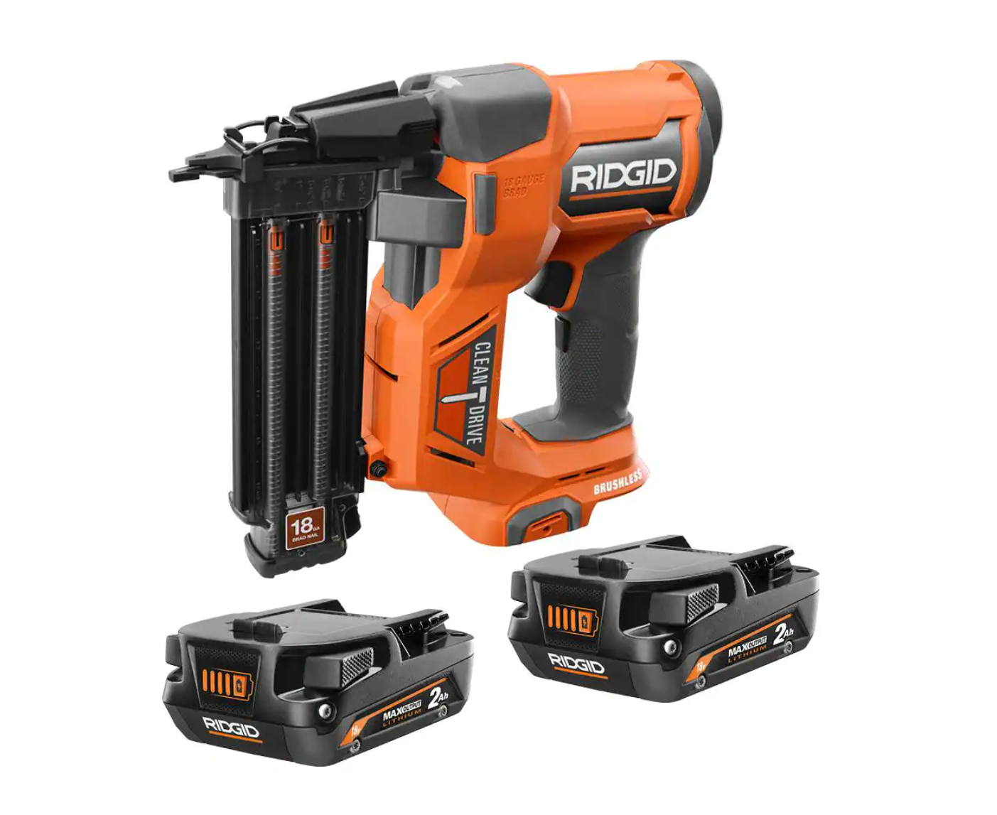 RIDGID R09891B-AC840020PN 18V Brushless Cordless 18-Gauge 2-1/8 in. Brad Nailer with (2) MAX Output 2.0 Ah Batteries