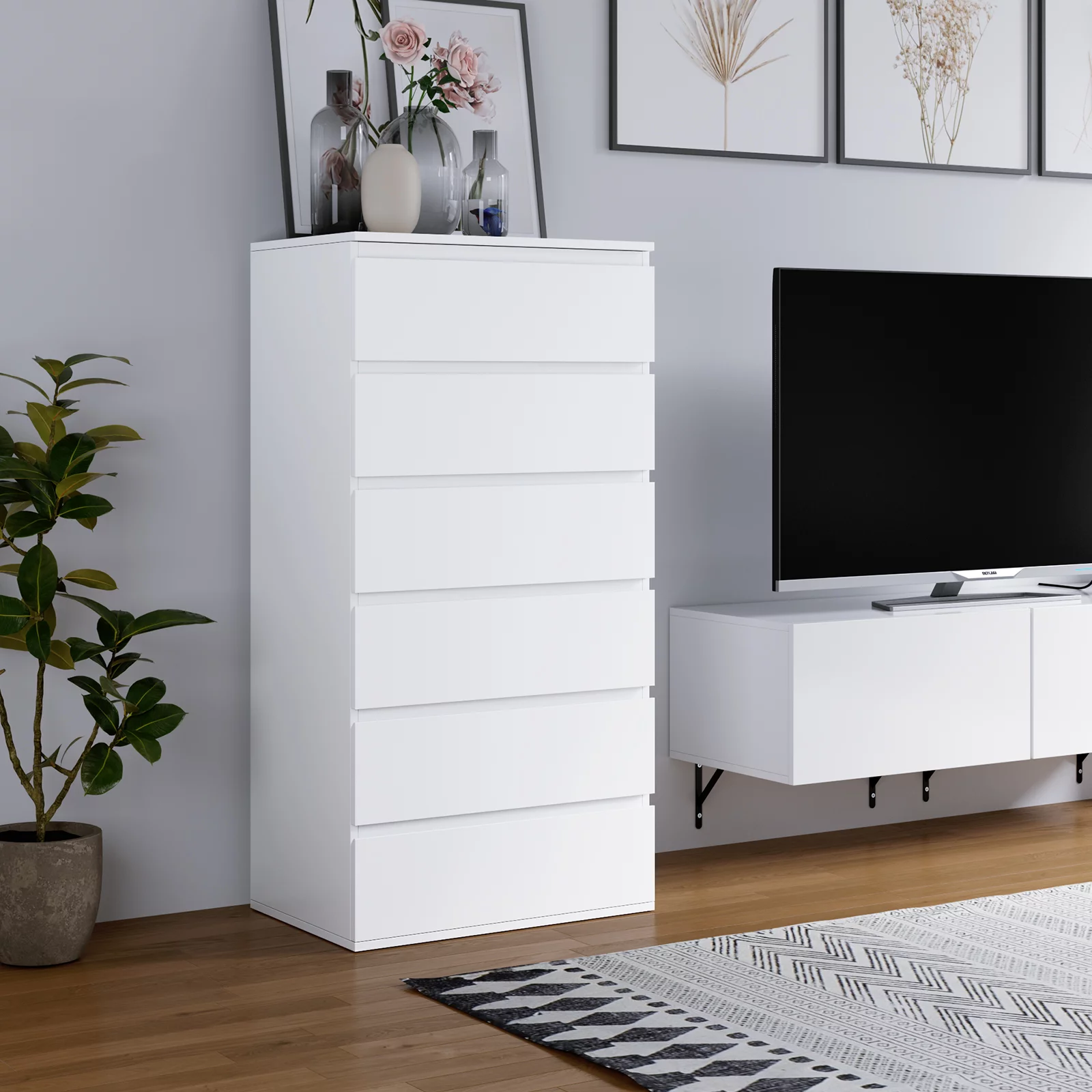 Homfa 6 Drawer White Dresser. Modern Storage Cabinet for Bedroom. White Chest of Drawers Wood Organizer for Living Room