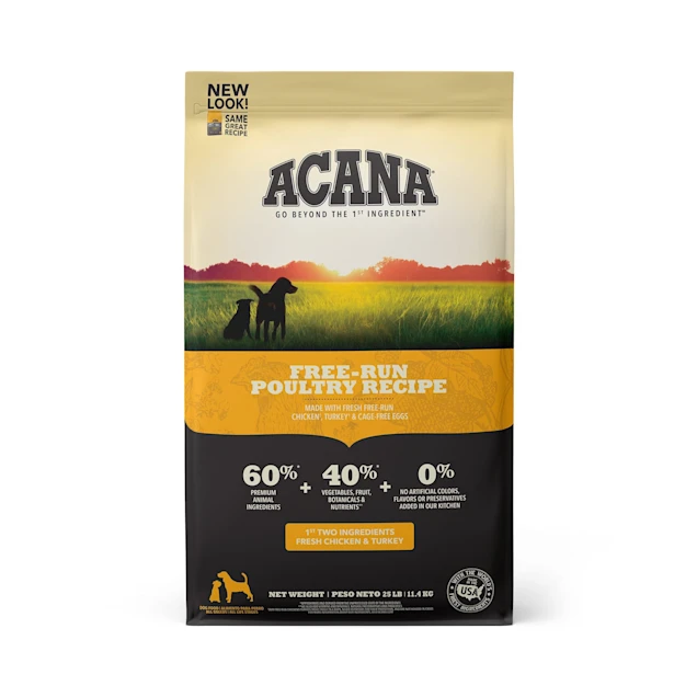 ACANA Grain-Free Free Run Poultry Chicken and Turkey and Cage-free Eggs Dry Dog Food. 25 lbs.