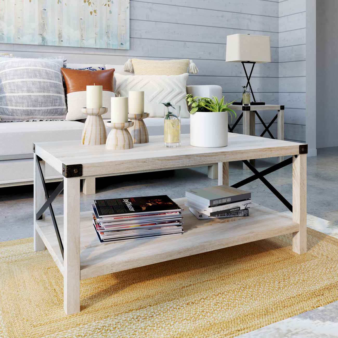 Woven Paths Magnolia Metal X Coffee Table. White Oak