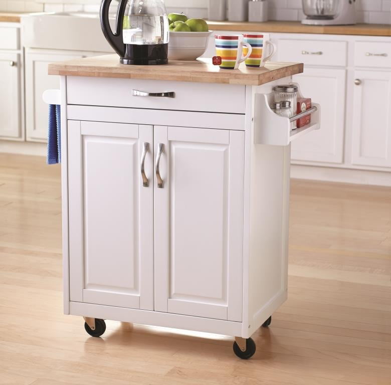 Mainstays Kitchen Island Cart with Drawer and Storage Shelves. White