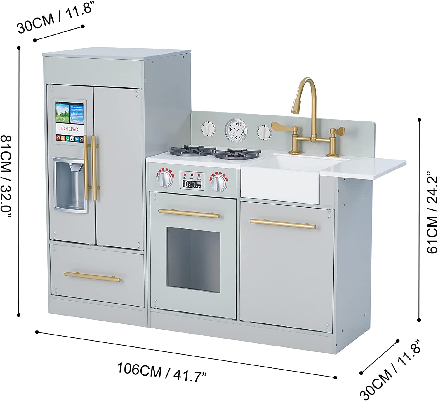 Teamson Kids Little Chef Chelsea Modern Play Kitchen Toddler Pretend 2 pcs Play Set with Accessories and Ice Maker Gray/Gold