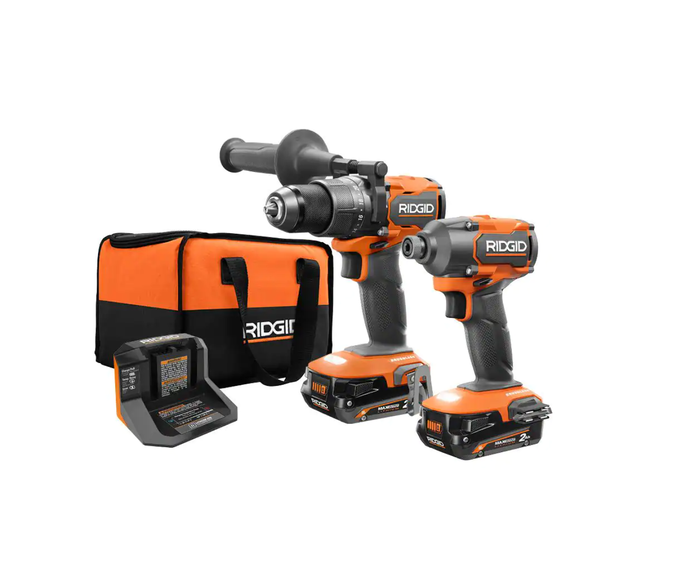 RIDGID R9209 18V Brushless Cordless 2-Tool Combo Kit with Drill/Driver. Impact Driver. (2) Batteries. 18V Charger. and Tool Bag