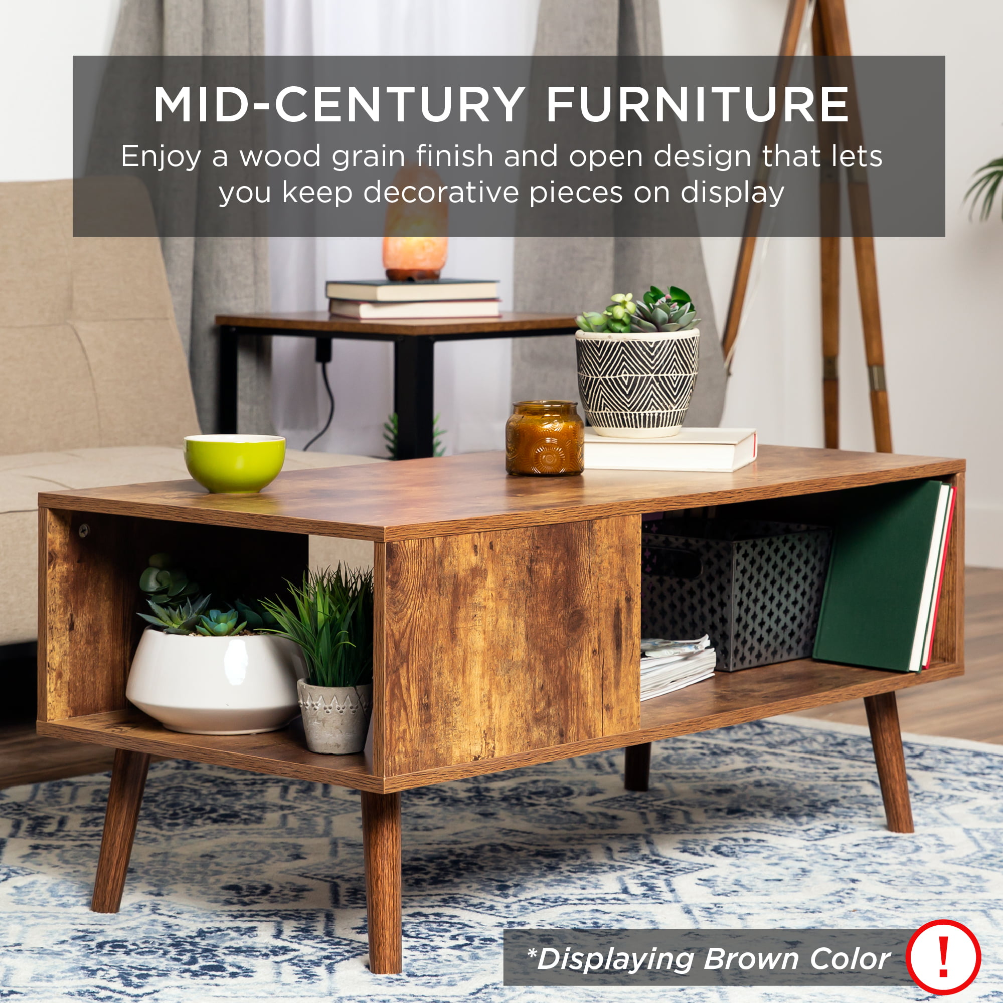 Best Choice Products Wooden Mid-Century Modern Coffee Accent Table Furniture w/ Open Storage Shelf - Black