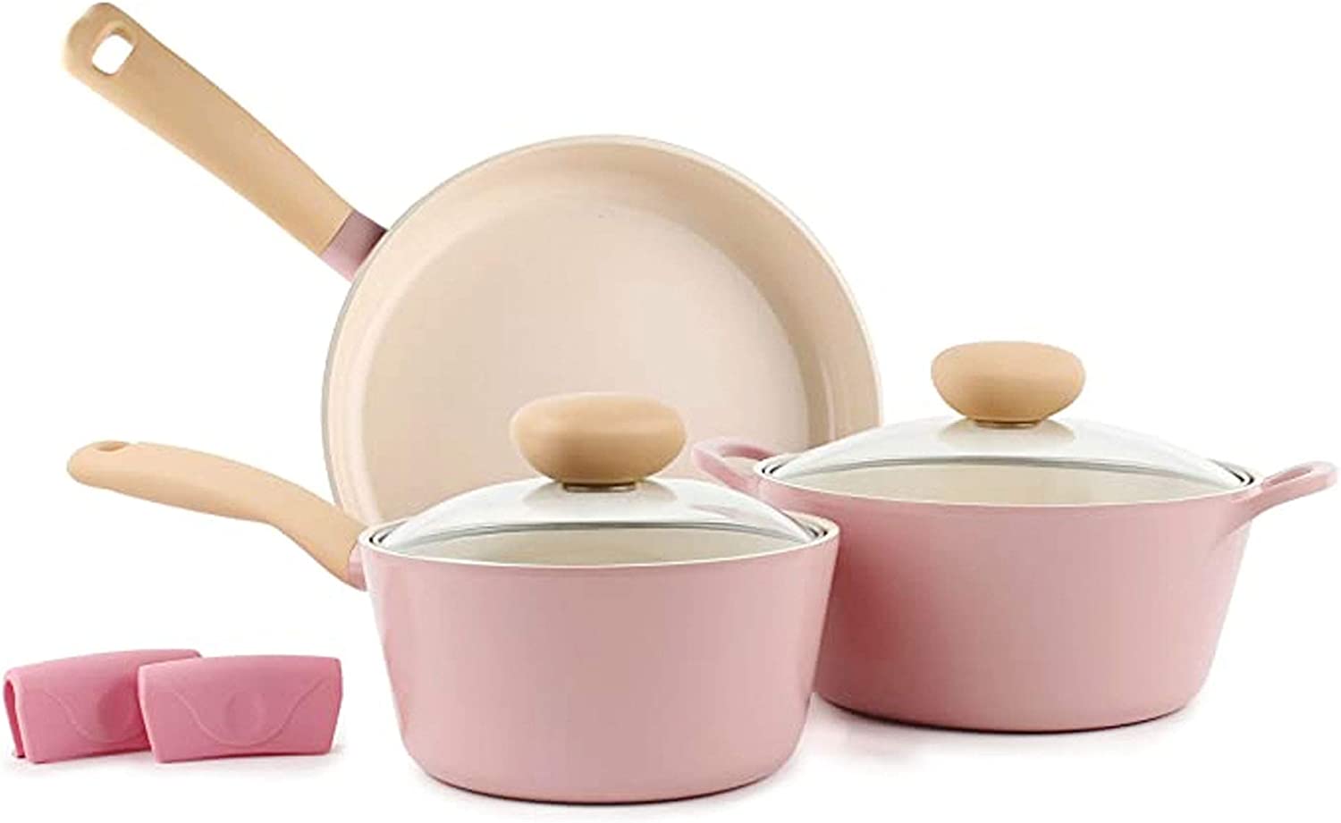 Neoflam Retro 5-Piece Ceramic Nonstick Cookware Set. PFOA Free Pots and Pans with Integrated Steam Vent Lid knob prevents boil over and Heat Resistant Silicone Grips for safer cooking at kitchen. Pink
