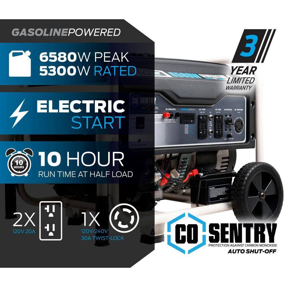 Pulsar PG6580ECO 6.580/5.300-Watt Electric Start Gasoline Portable Home Power Generator with CO Alert