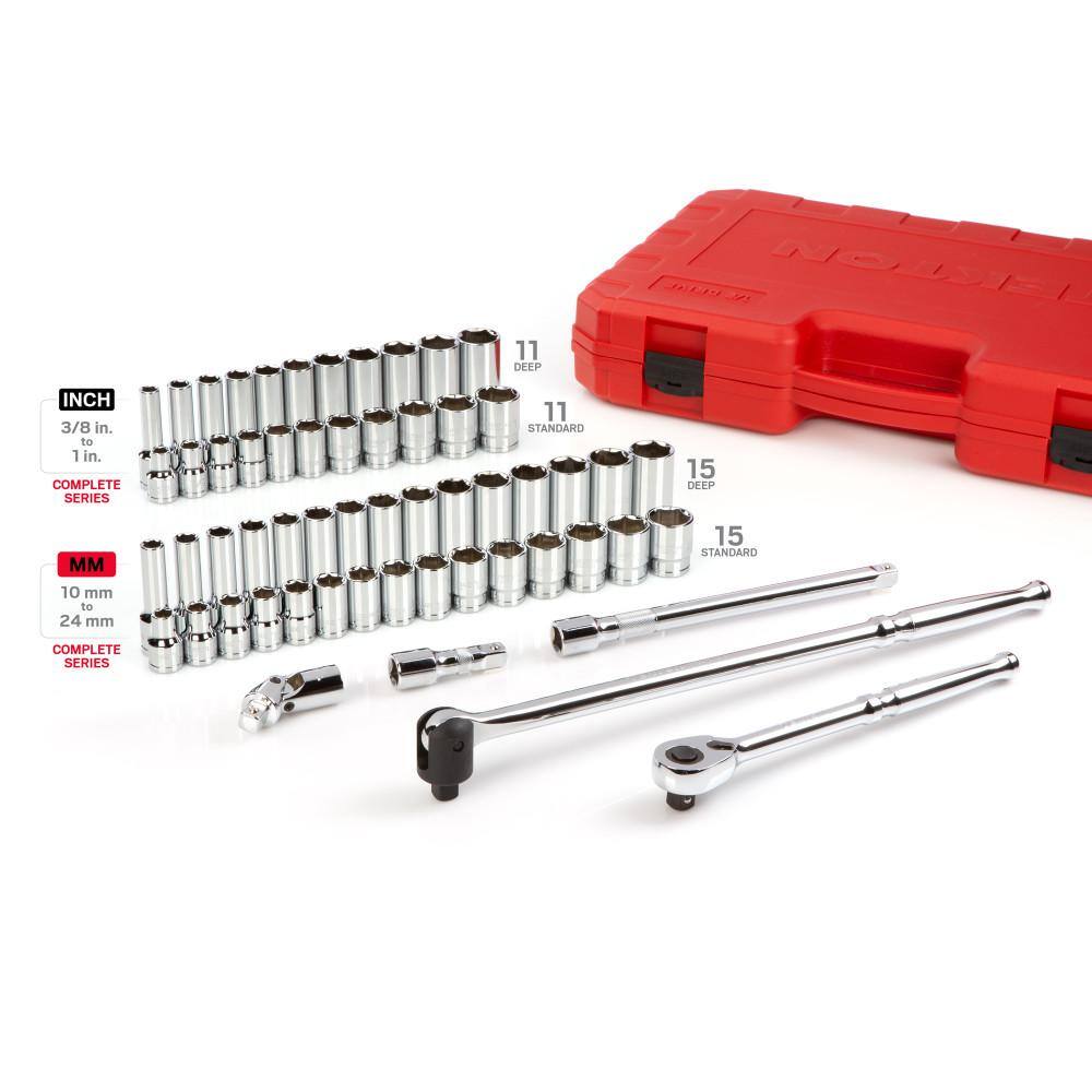 TEKTON SKT25301 1/2 in. Drive 6-Point Socket and Ratchet Set 3/8 in. to 1 in.. 10 mm to 24 mm (58-Piece)
