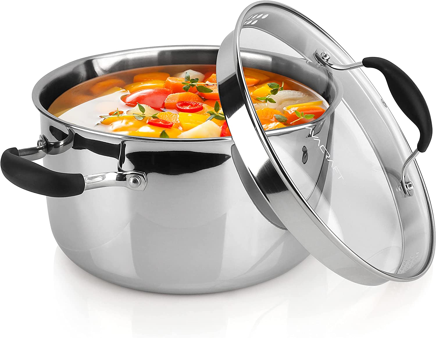 AVACRAFT Tri-Ply Stainless Steel Stockpot with Glass Strainer Lid. Side Spouts. 6 Quart Pot. Multipurpose Stock Pot. Sauce Pot (Tri-Ply Full Body. 6 QT)