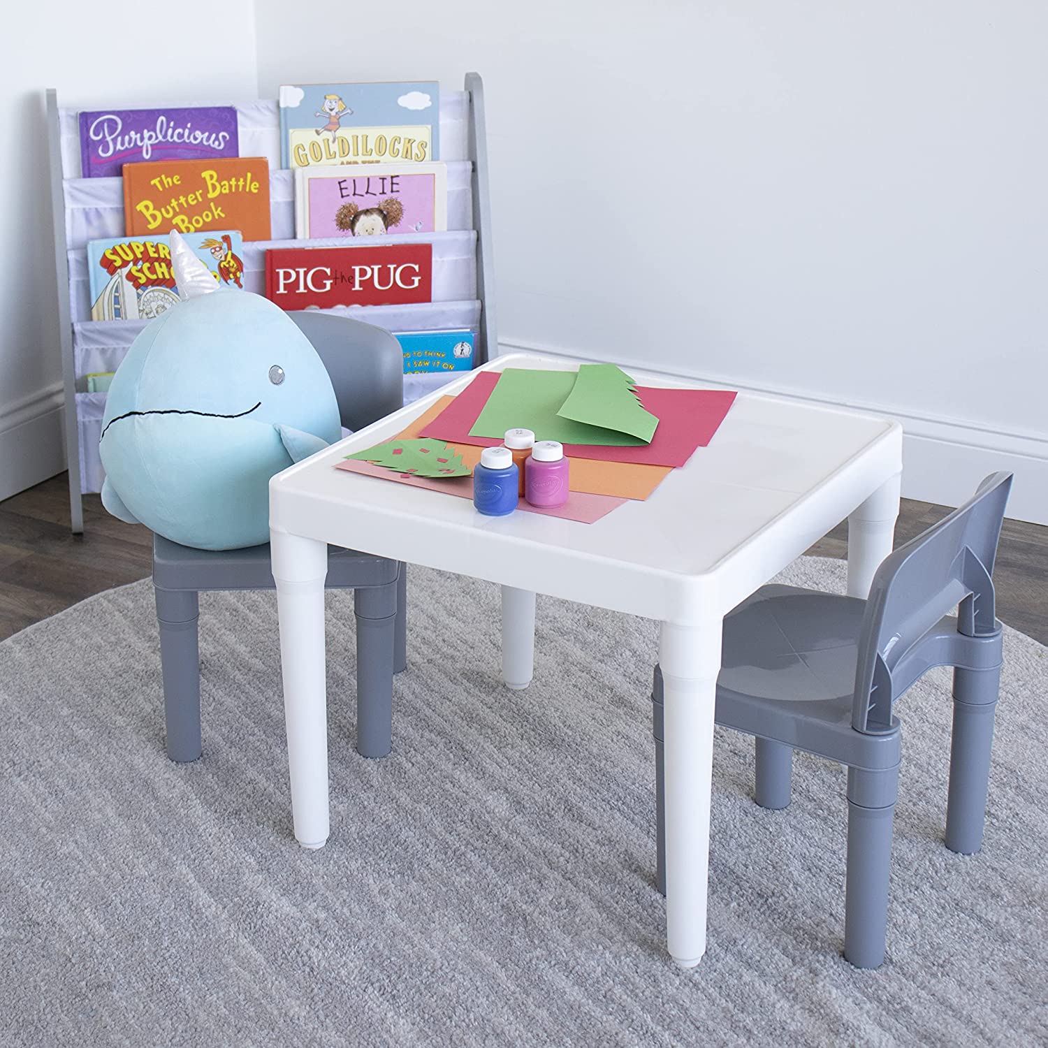 Humble Crew Kids Dry Erase Plastic Table and 2 Set. White Table & Grey Chairs