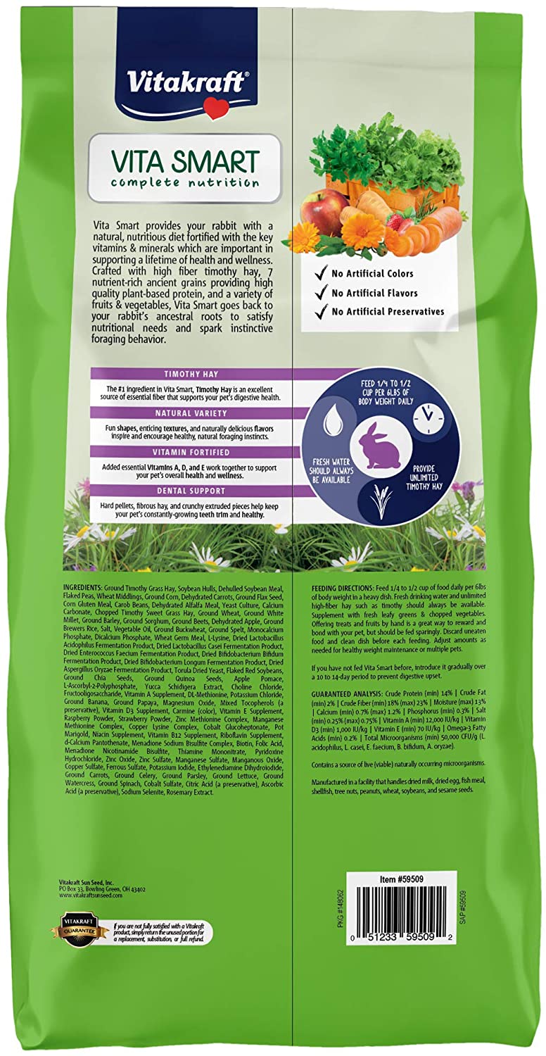 Vitakraft Vita Smart Complete Nutrition Premium Fortified Blend with Timothy Hay Rabbit Food. 8-lb bag