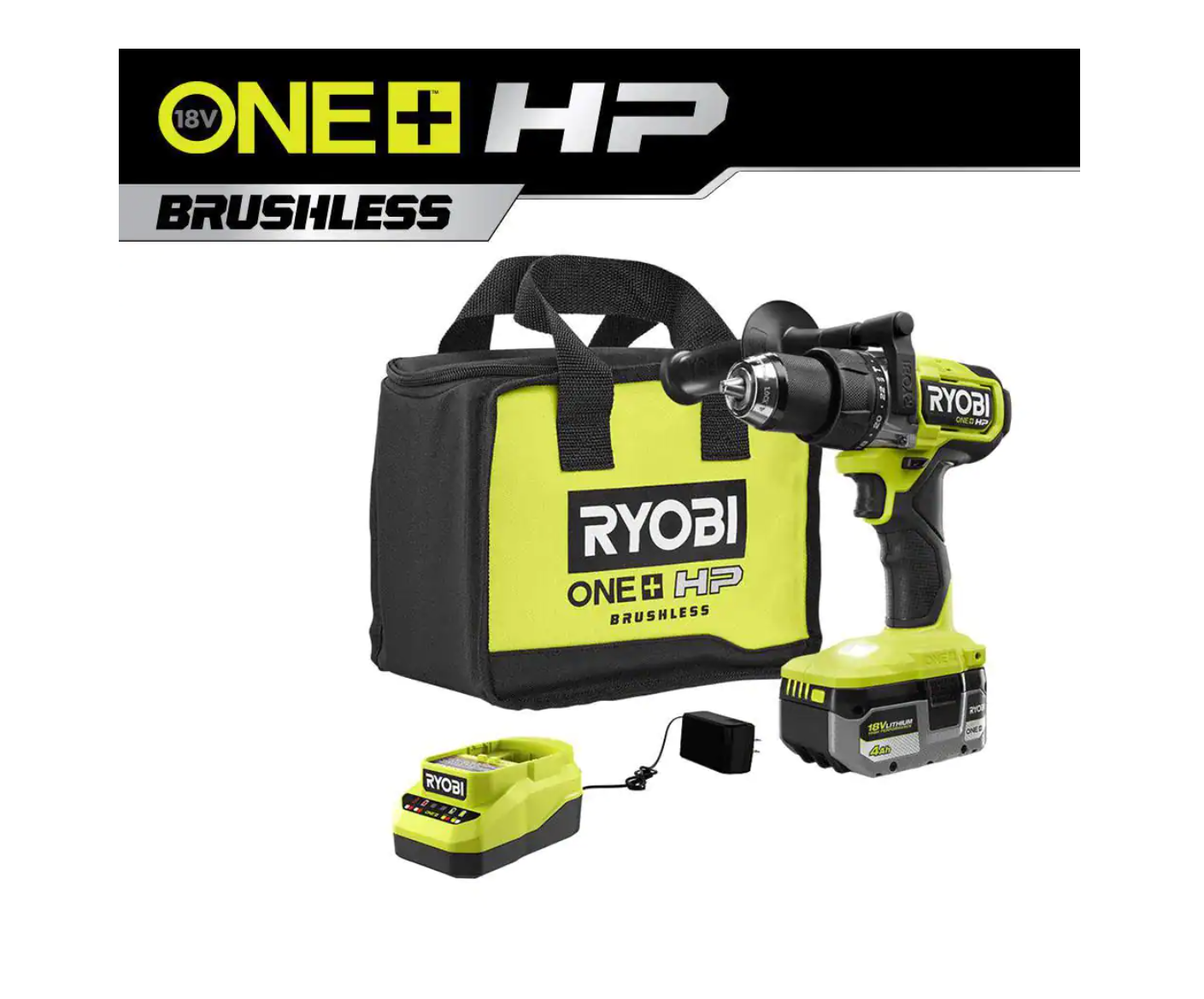 RYOBI PBLHM101K ONE+ HP 18V Brushless Cordless 1/2 in. Hammer Drill Kit with (1) 4.0 Ah High Performance Battery. Charger. and Tool Bag