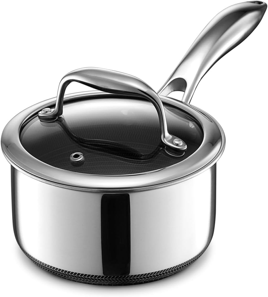 HexClad 1 Quart Hybrid Stainless Steel Pot with Glass Lid. Stay Cool Handle. Non-Stick. Dishwasher. Oven Safe. Works on Induction. Ceramic and Gas Cooktops