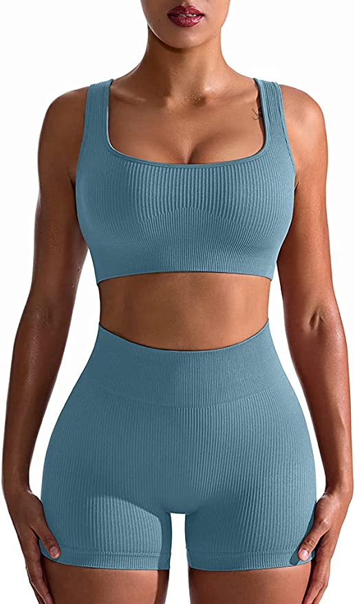 OQQ Workout Outfits for Women 2 Piece Seamless Ribbed High Waist Leggings with Sports Bra Exercise Set. Blue