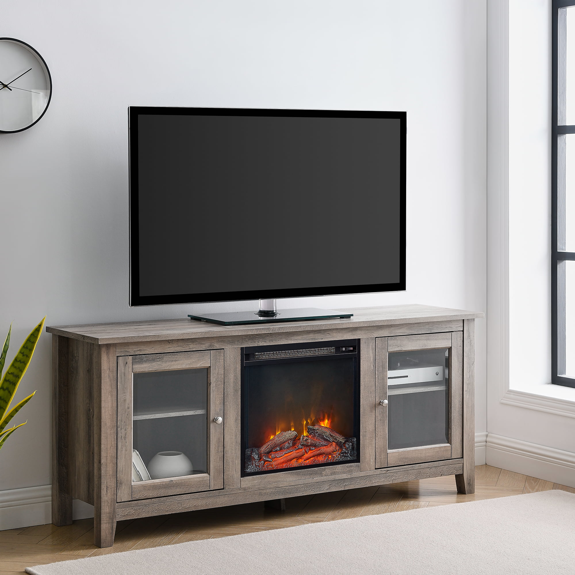 Walker Edison Fireplace TV Stand for TVs up to 60″. Grey Wash