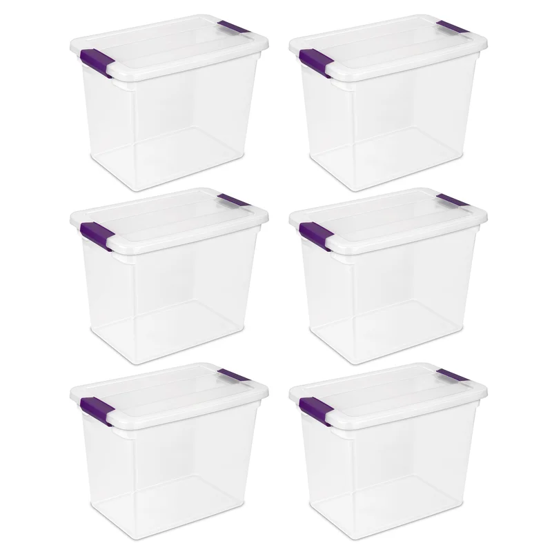 Sterilite 17631706 27 Quart/26 Liter ClearView Latch Box. Clear with Sweet Plum Latches. 6-Pack