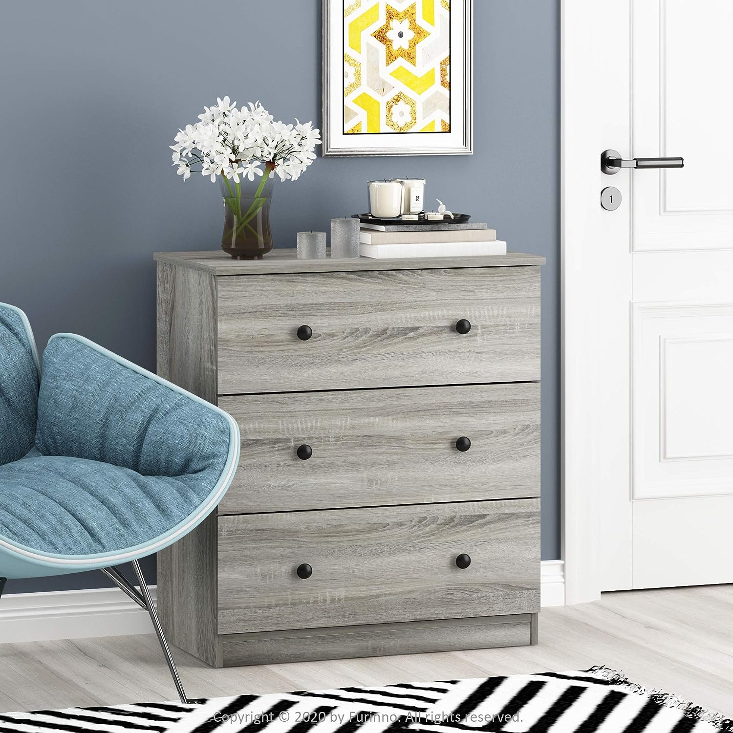 Furinno Tidur Simple Design Dresser. 3-Tier Knob. French Oak Grey