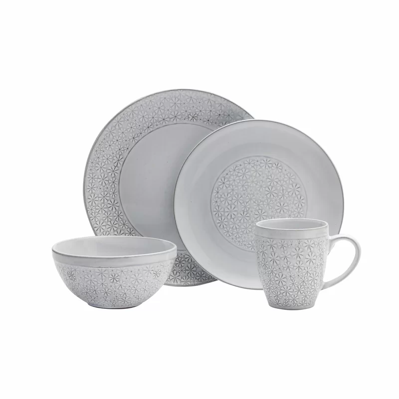 Pfaltzgraff 5237550 Blossom White 16-Piece Porcelain Dinnerware Set. Service for 4. Distressed