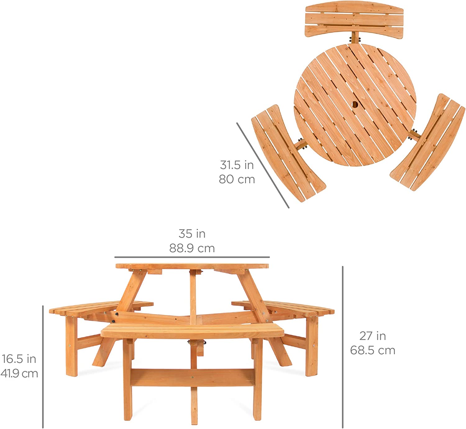 Best Choice Products 6-Person Circular Outdoor Wooden Picnic Table for Patio. Backyard. Garden. DIY w/ 3 Built-in Benches. 500lb Capacity - Natural