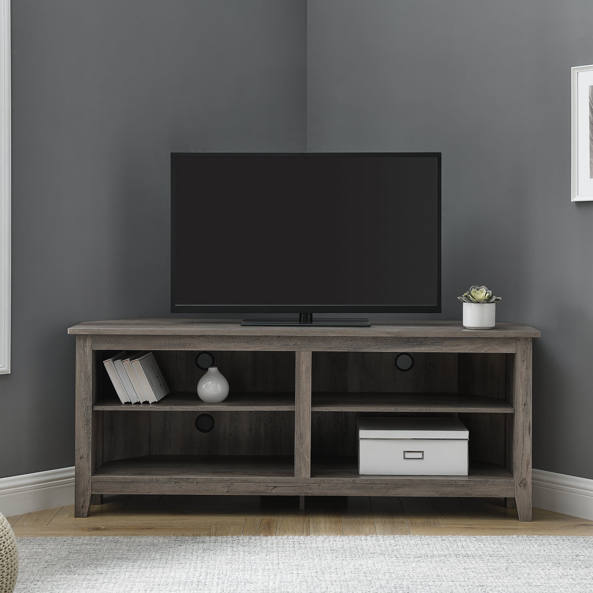 Woven Paths Transitional Corner TV Stand for TVs up to 65″. Grey Wash