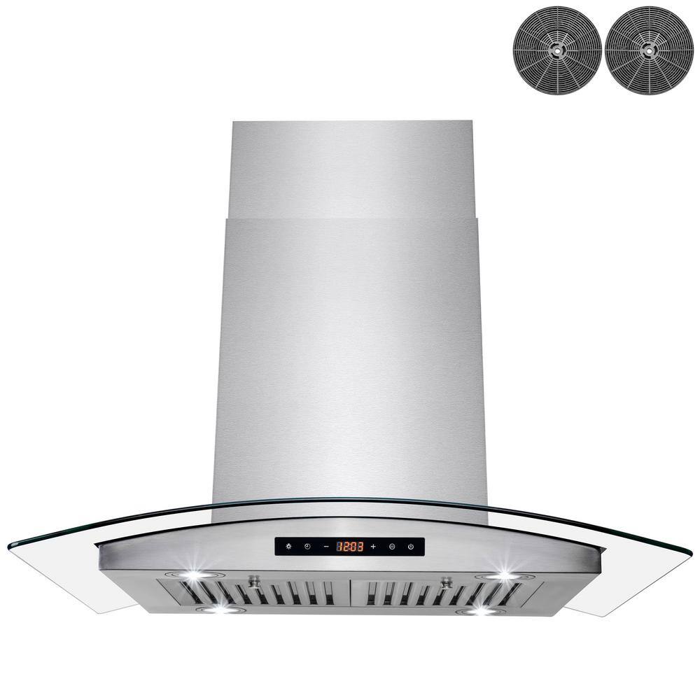 AKDY RH0477 36 in. 343 CFM Convertible Island Mount Range Hood with Tempered Glass and Carbon Filters in Stainless Steel