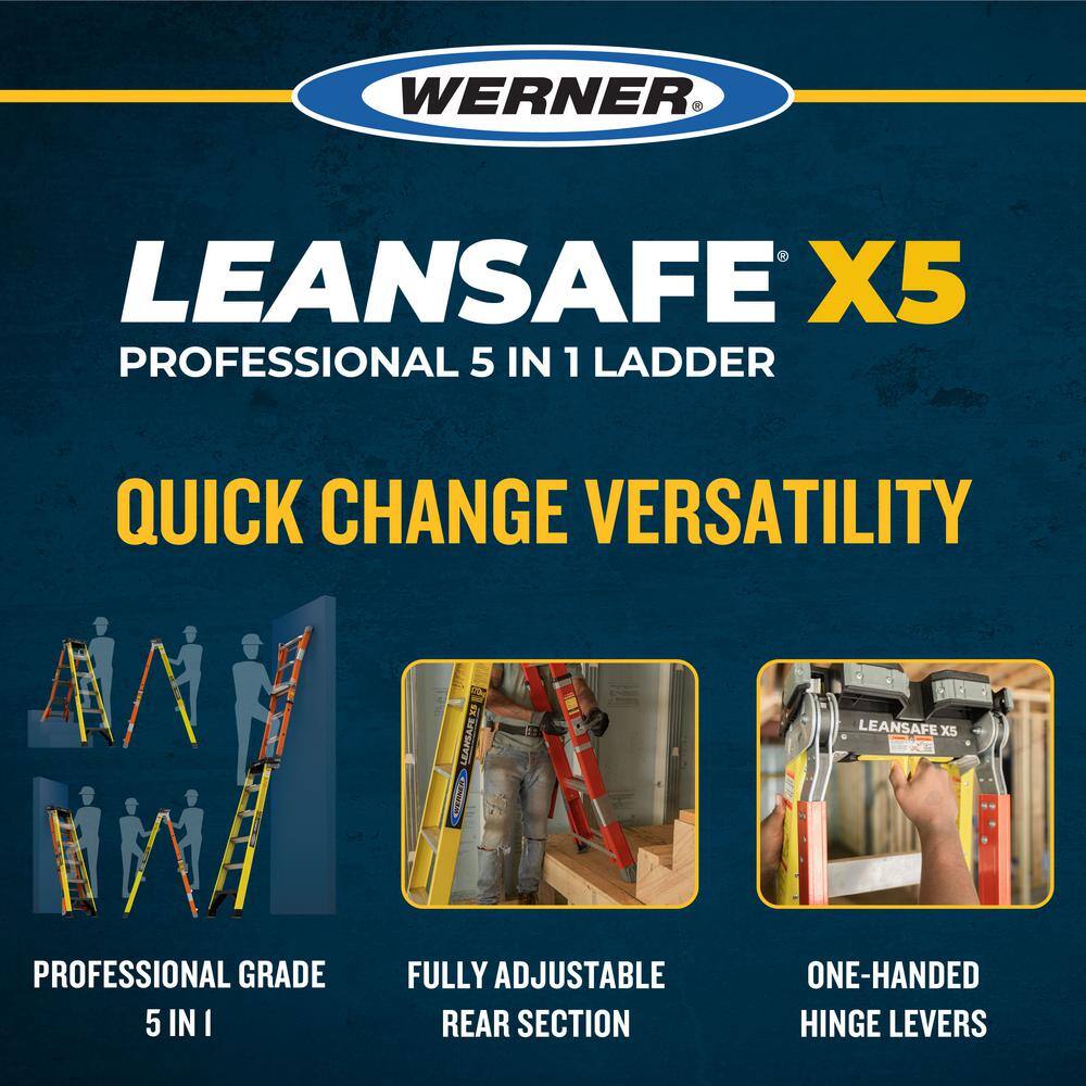 WERNER FX5IAA06 LEANSAFE X5 14 ft. Reach Height Fiberglass Multi-Position Ladder. 375 lbs. Load Capacity Type IAA