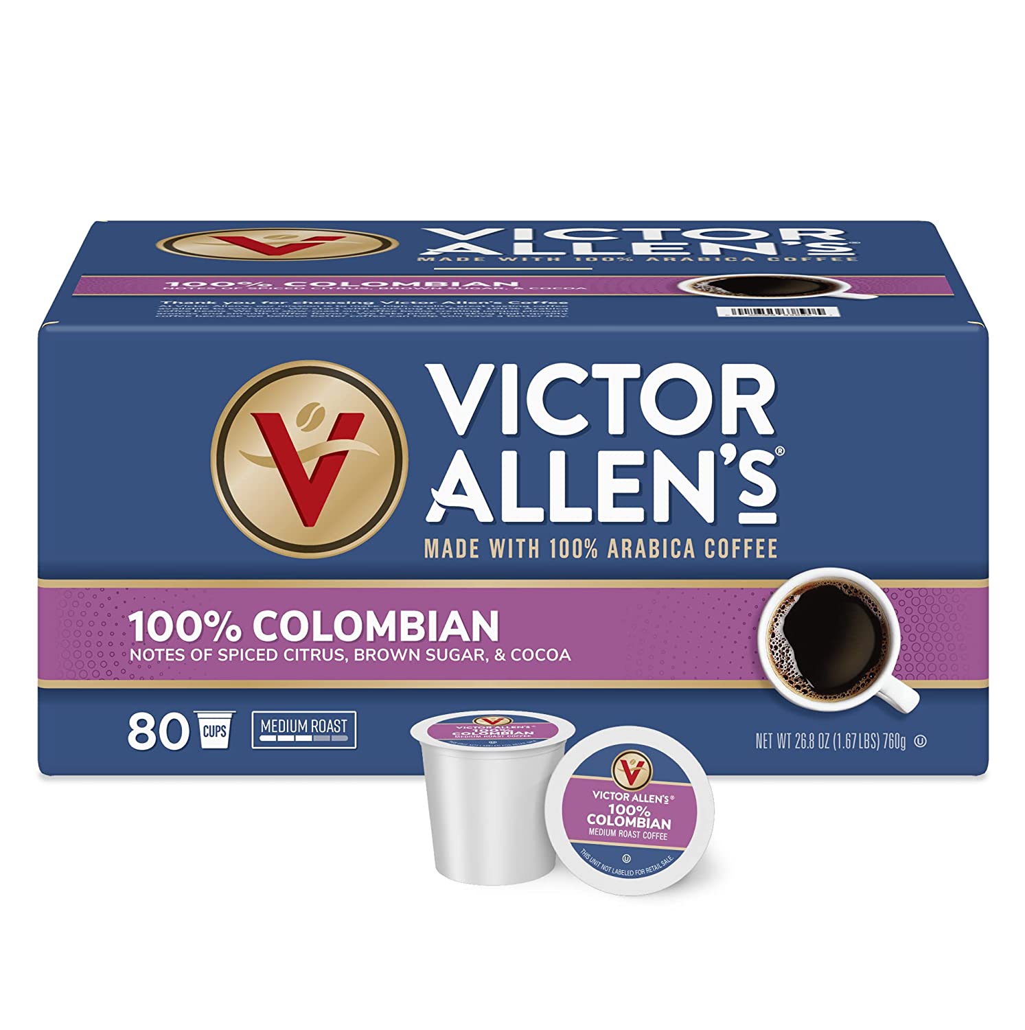 Victor Allen-s Coffee 100% Colombian Medium Roast 80 Count. Single Serve Coffee Pods for Keurig K-Cup Brewers