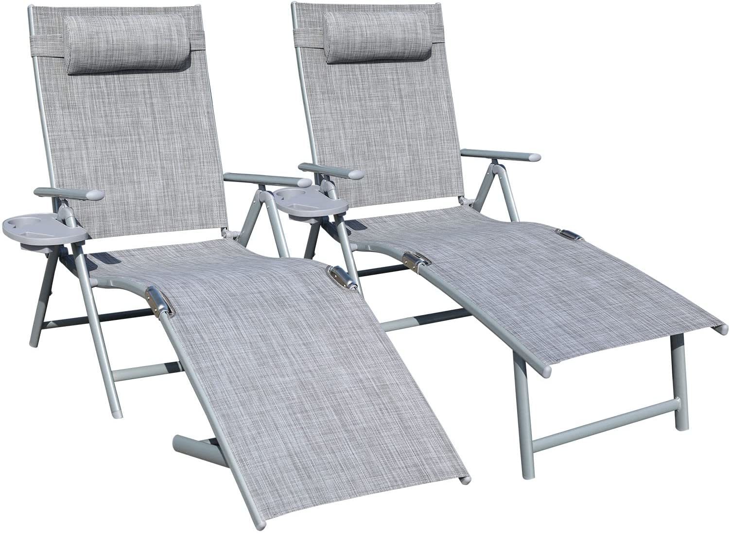 GOLDSUN Aluminum Outdoor Folding Lounge Chairs Adjustable Chaise Lounge Chair Set of 2 with Headrest and Tray for Patio Beach Porch Swimming Poolside (Grey)