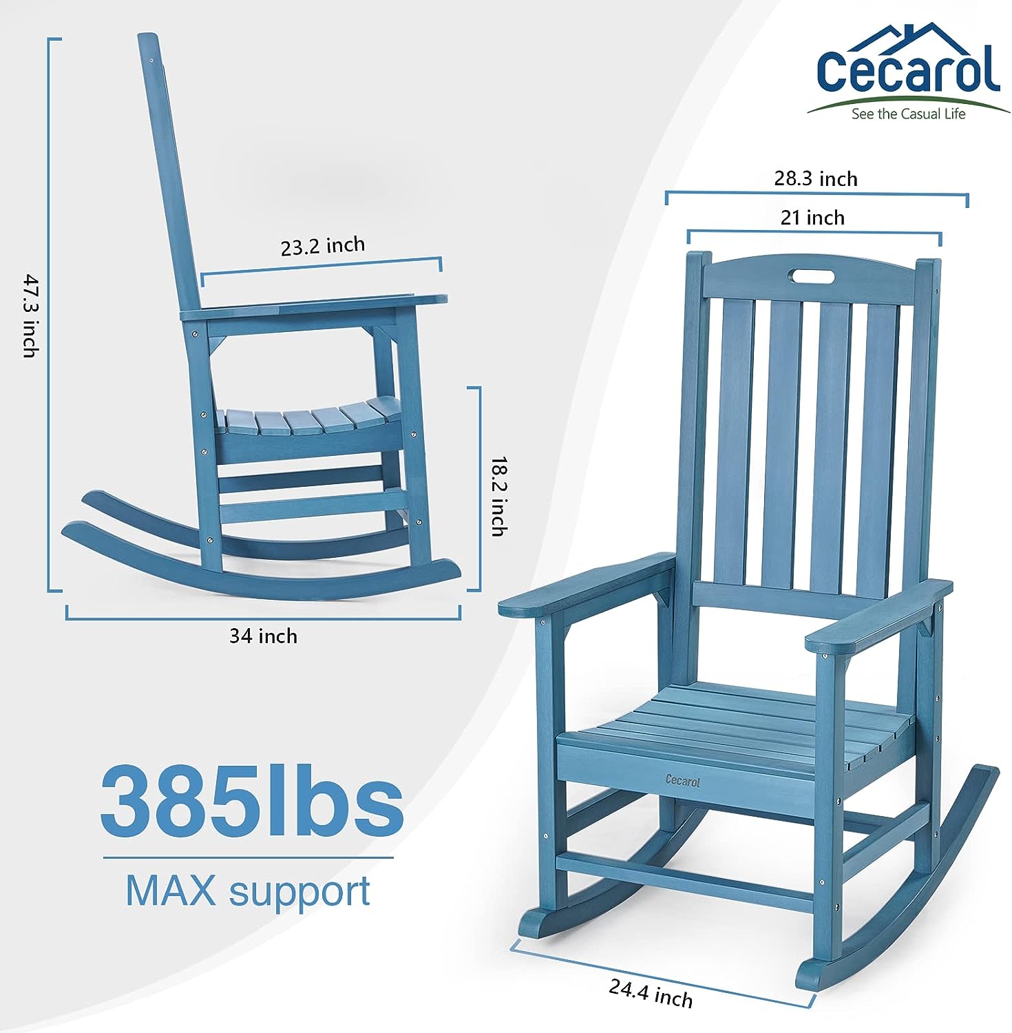 Cecarol Patio Oversized Rocking Chair Outdoor. Weather Resistant. Low Maintenance. High Back Front Porch Rocker Chairs 385lbs Support Poly Lumber Rocker. Wood-Like Plastic Chair. Blue-PRC01