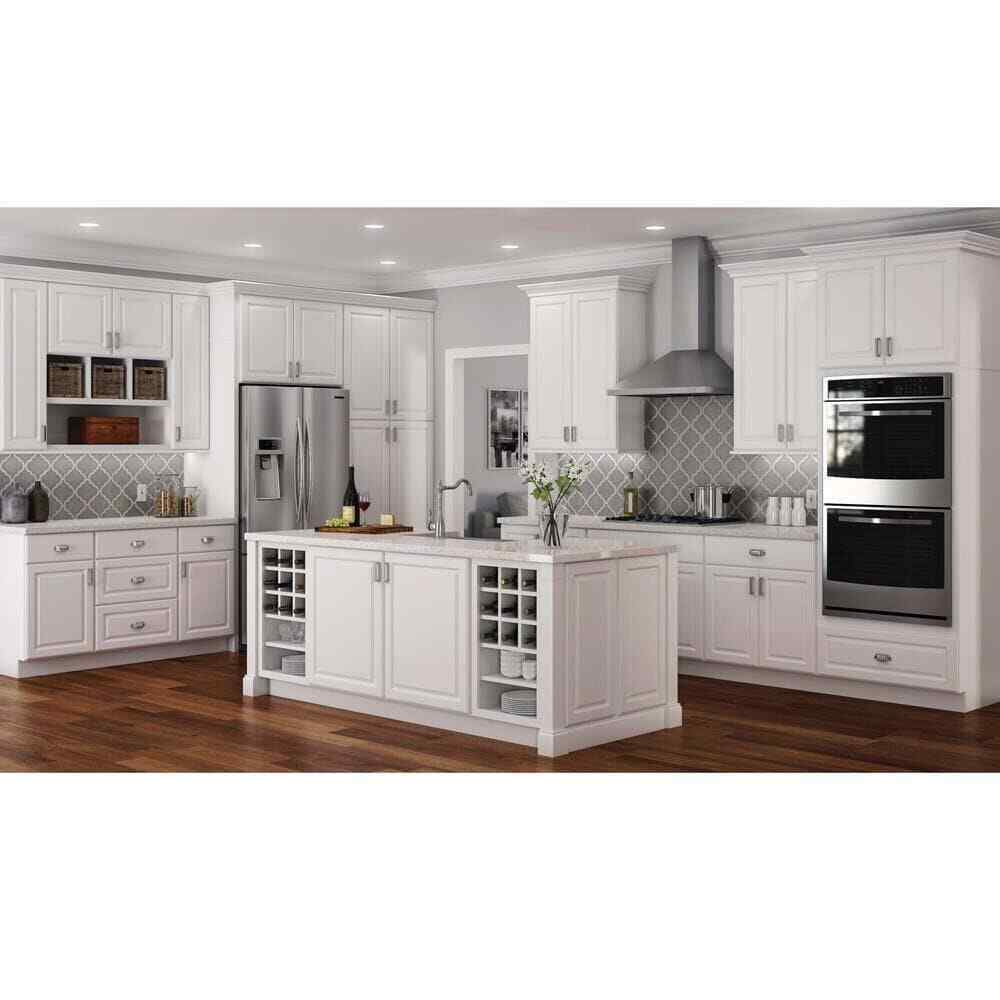 Hampton Bay Hampton Satin White Raised Panel Stock Assembled Base Kitchen Cabinet with Drawer Glides (36 in. x 34.5 in. x 24 in.)