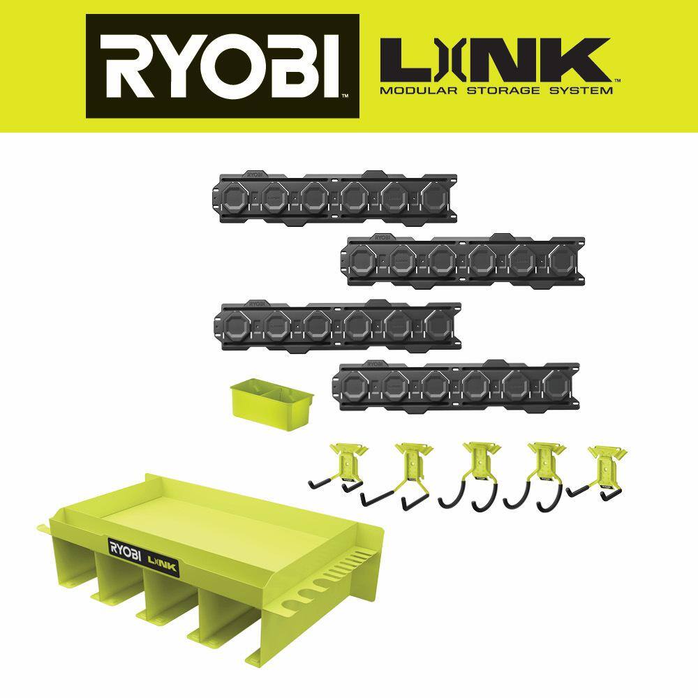 RYOBI STM401-STM503K-STM504-STM801 LINK Tool Holding Shelf with Starter Kit. Wall Rails and Power Tool Hook (11-Piece)