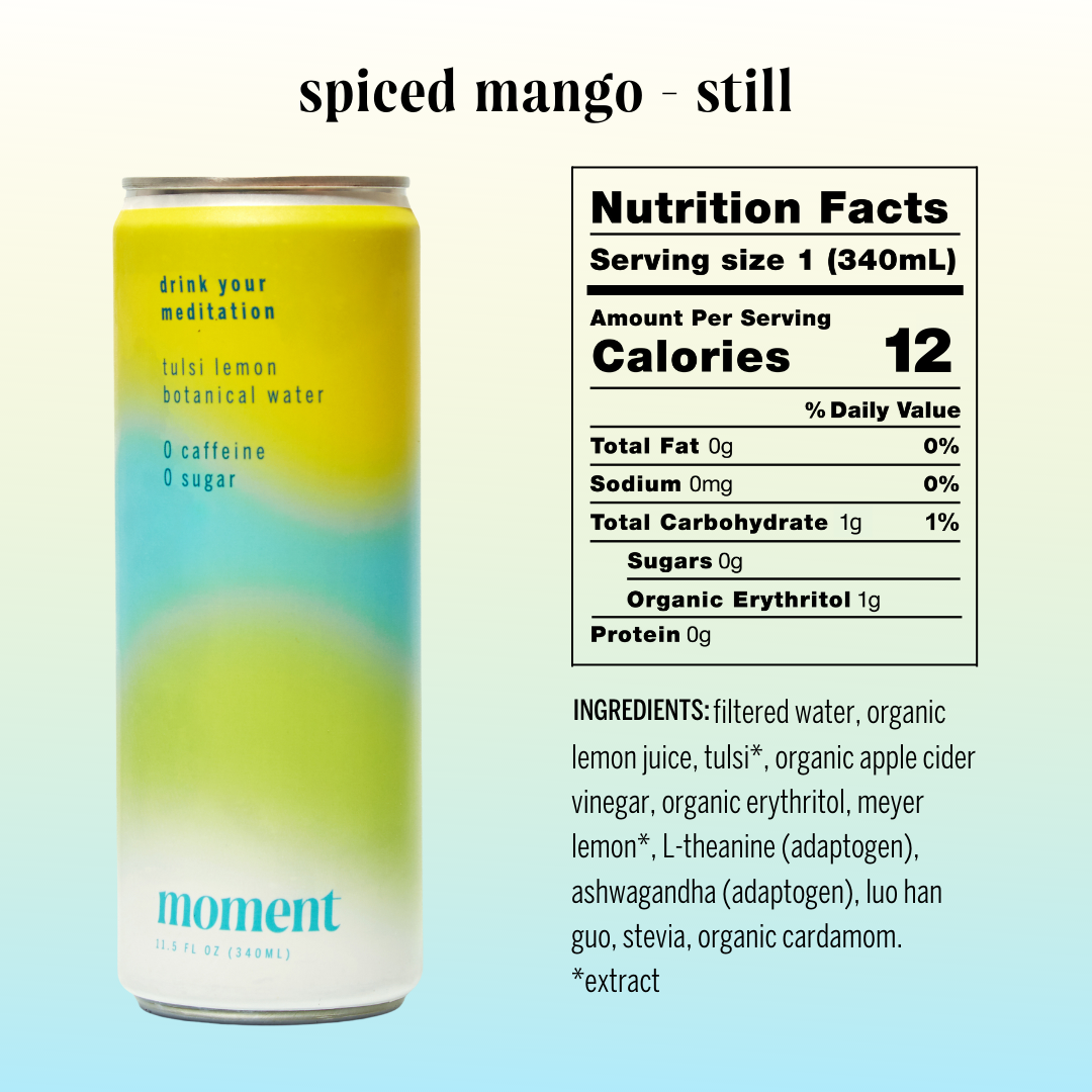 Moment Botanical Water. Tulsi Lemon. Still. Zero Added Sugar. 12 Pack. 11.5 fl oz