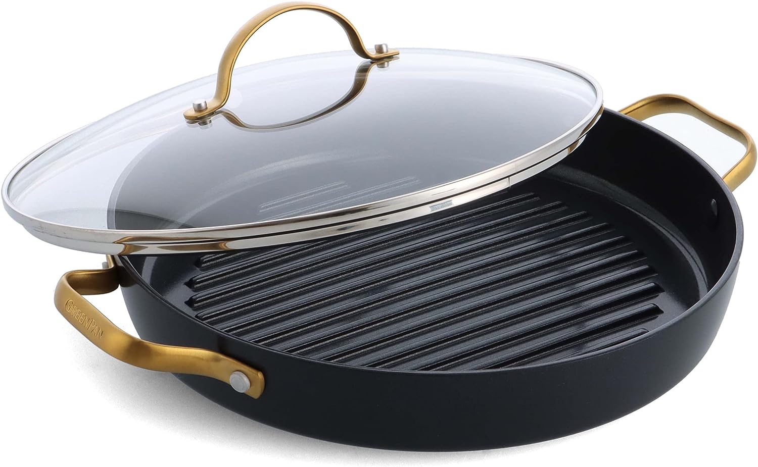 GreenPan Reserve Hard Anodized Healthy Ceramic Nonstick. 11″ Grill Pan with Lid. Gold Handle. PFAS-Free. Dishwasher Safe. Black