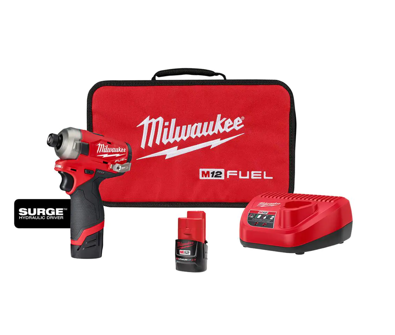 Milwaukee 2551-22 M12 FUEL SURGE 12V Lithium-Ion Brushless Cordless 1/4 in. Hex Impact Driver Compact Kit w/Two 2.0Ah Batteries. Bag