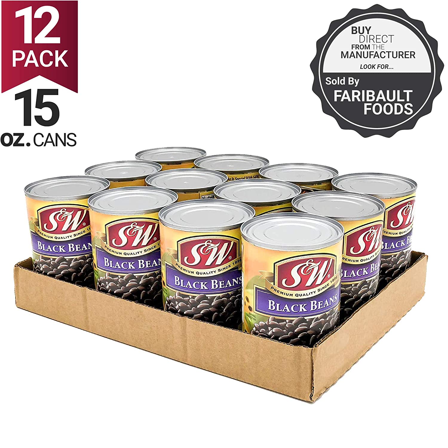 S & W • Canned Black Beans (12 Pack). Vegan. Non-GMO. Natural Gluten-Free Bean. Sourced and Packaged in the USA. 15 Ounce Can