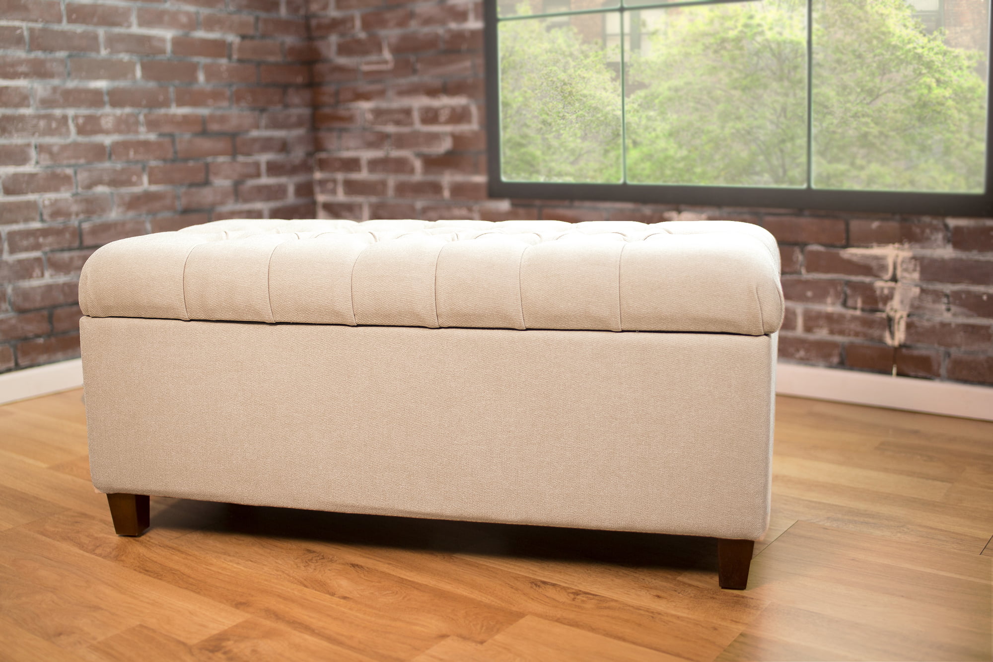 Fabric Upholstered Button Tufted Wooden Bench With Hinged Storage. Cream and Brown- Saltoro Sherpi