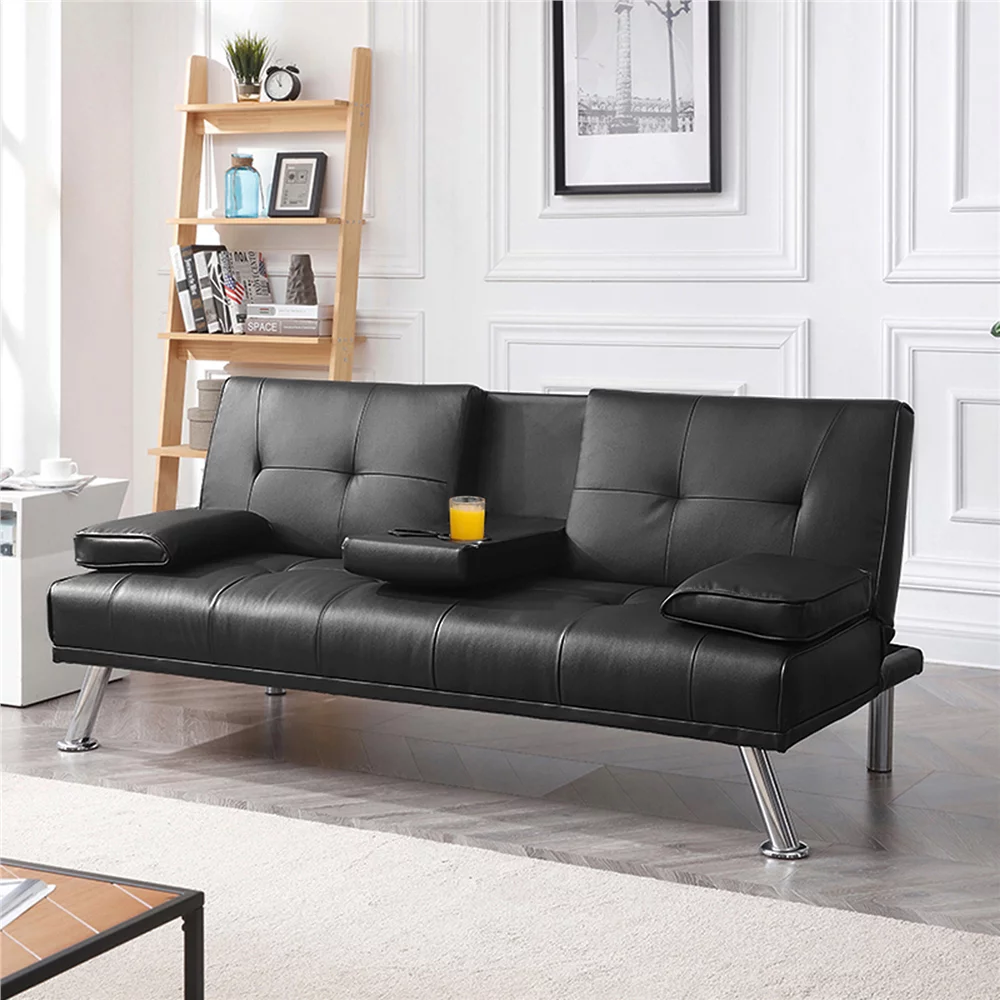 Easyfashion LuxuryGoods Modern Faux Leather Futon with Cupholders and Pillows. Black