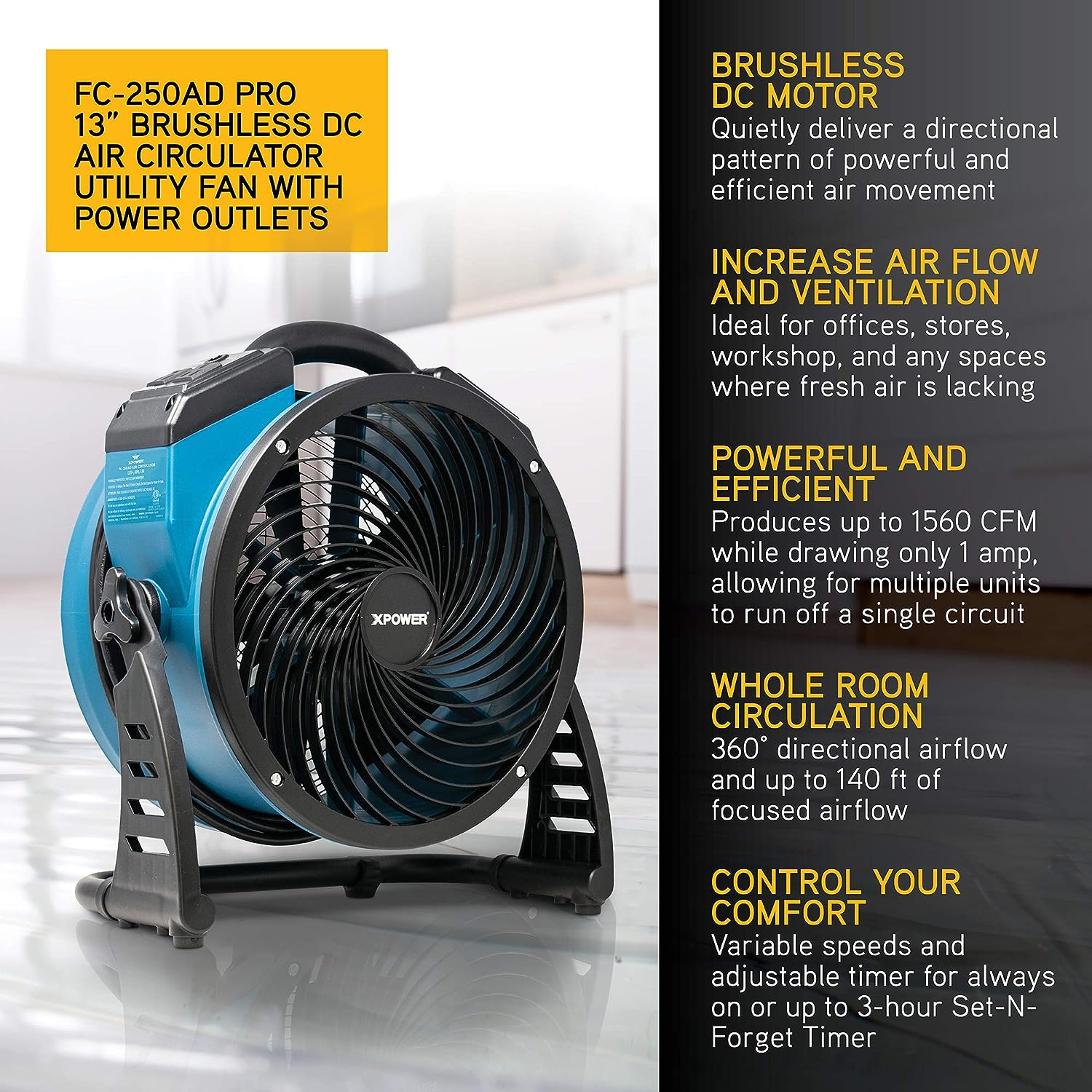 XPOWER FC-250AD DC Motor Heavy Duty Industrial High Velocity Whole Room Air Mover Air Circulator Utility Floor Fan with Daisy Chain. Variable Speed. Timer. 13 inch. 1560 CFM