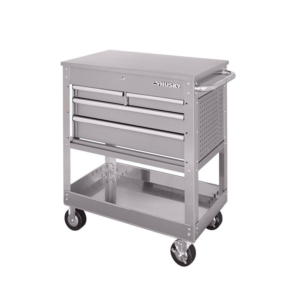 Husky HOUC3304JX1 33 in. 4-Drawer Stainless Steel Mechanics Cart