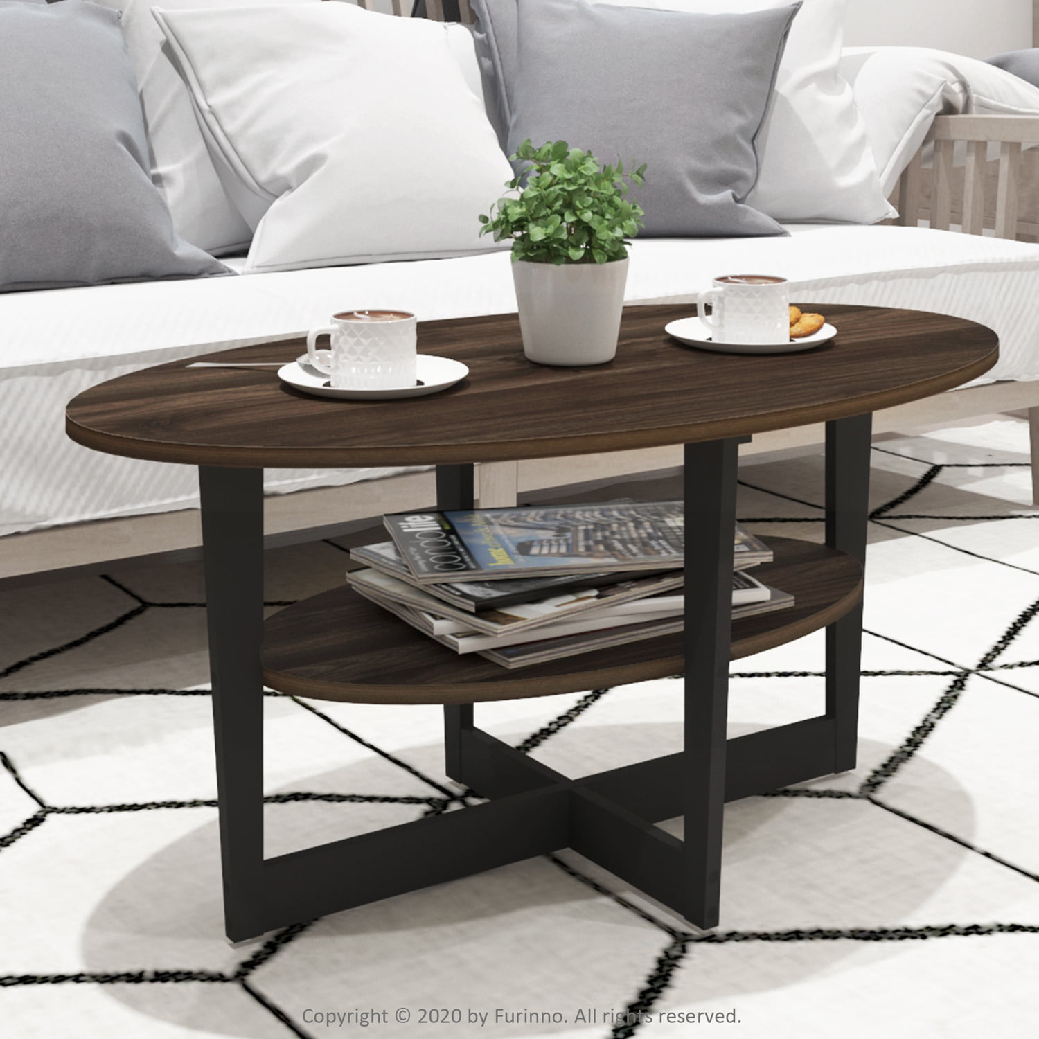 Furinno JAYA Oval Coffee Table. Columbia Walnut/Black