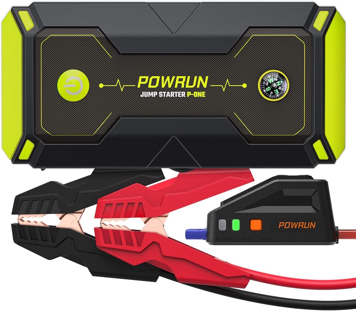 Powrun P-ONE 2000A Portable Jump Starter Box - Car Battery Booster Pack for up to 8.0L Gas and 6.5L Diesel Engines. 12V Battery Jump Starter with LCD Display (Green)