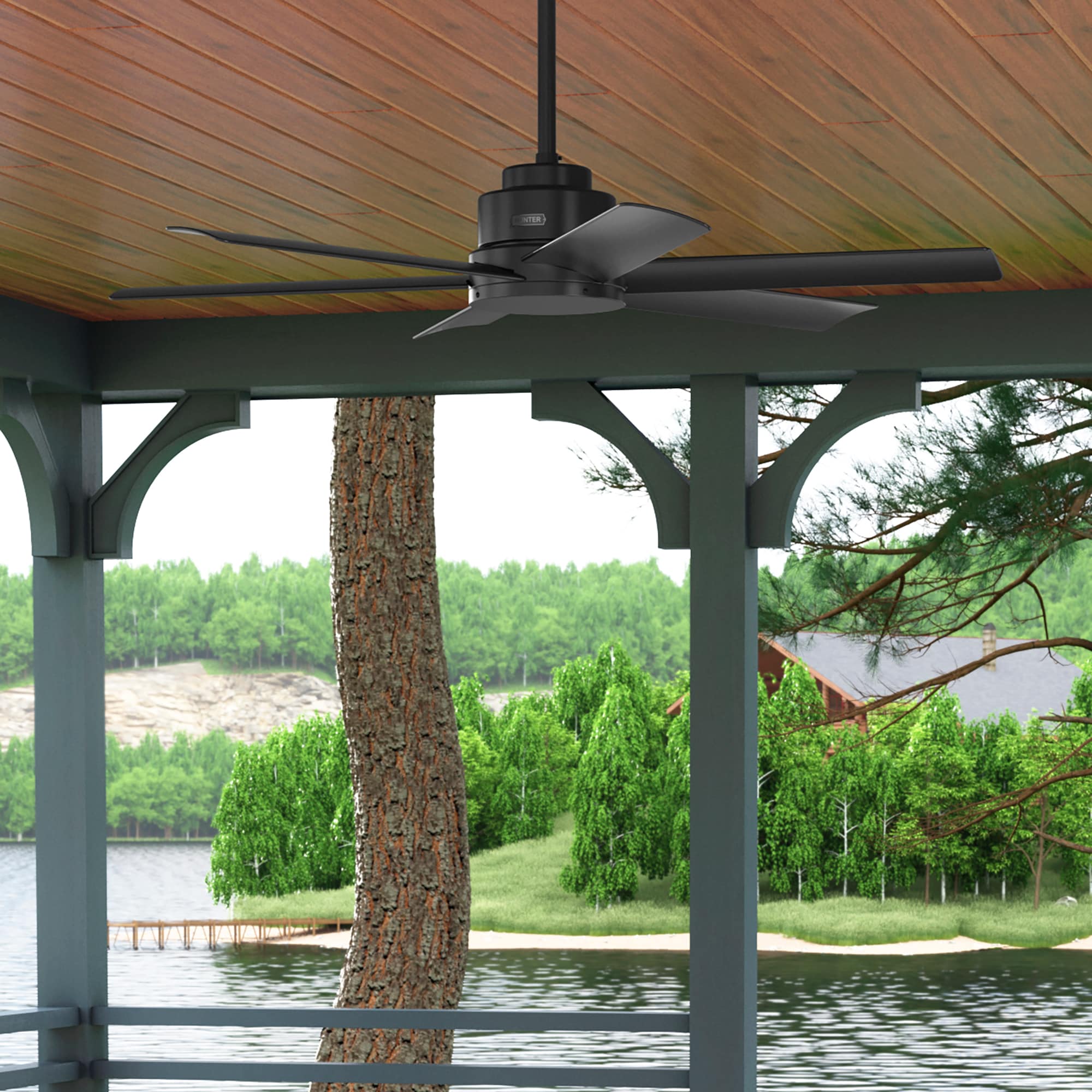 Hunter Kennicott 52-in Matte Black Indoor/Outdoor Downrod or Flush Mount Ceiling Fan Wall-mounted with Remote (6-Blade)