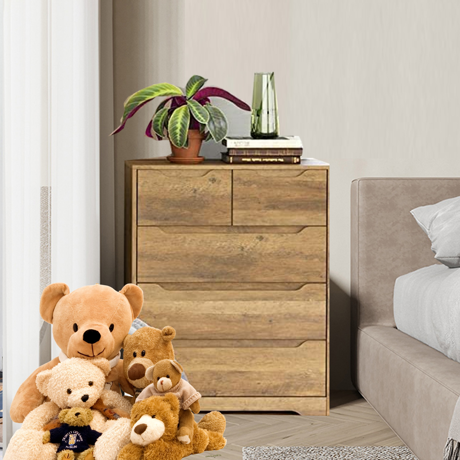 Homfa Dresser for Bedroom. Wood Storage Chest of 5 Drawers with Cutout Handles for Living Room. Rustic Brown