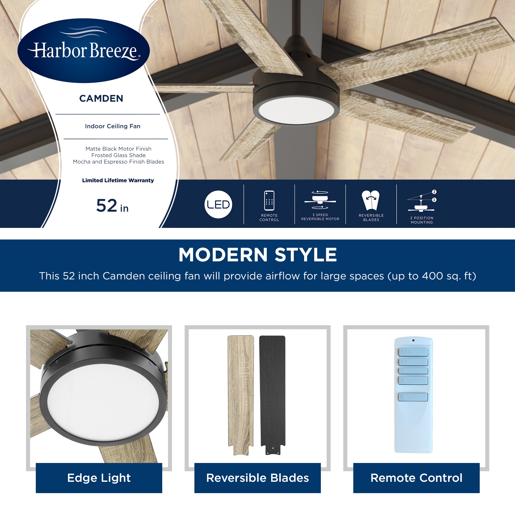 Harbor Breeze 42312 Camden 52-in Matte Black Indoor Ceiling Fan with Light Remote (5-Blade)