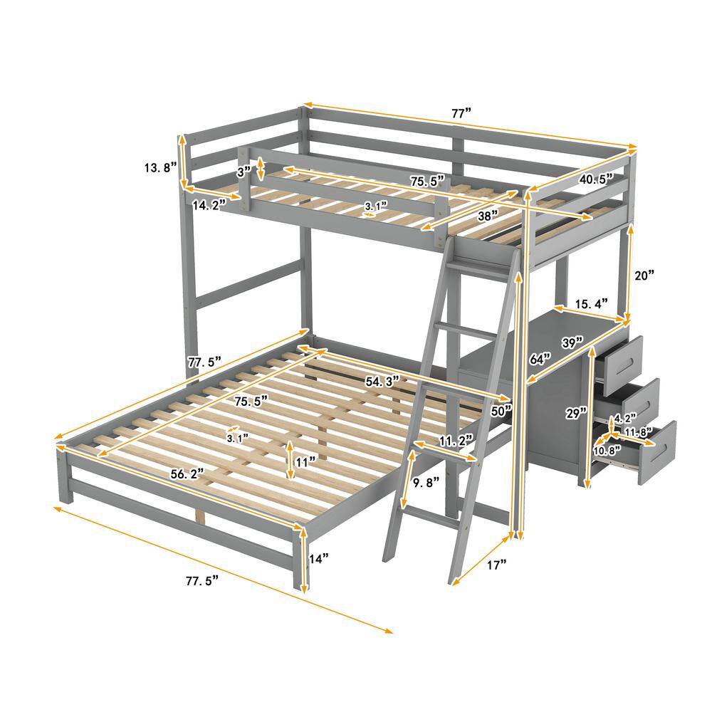 Harper & Bright Designs  Gray Twin over Full Wooden Bunk Bed with Built-in Desk. 3 Drawers and Ladder