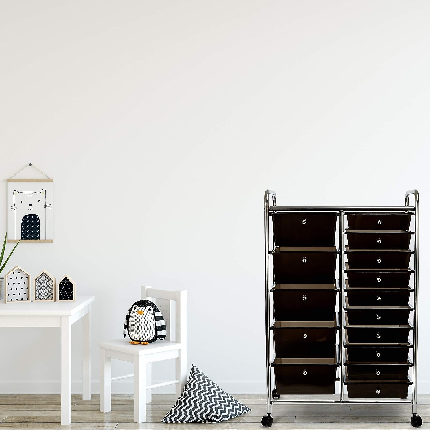 Seville Classics Rolling Utility Organizer Storage Cart for Home Office. School. Classroom. Scrapbook. Hobby. Craft. 15 Drawer. Black