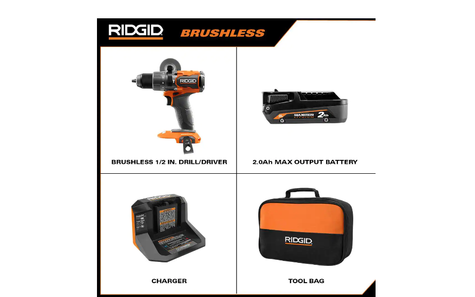 RIDGID R86114KN 18V Brushless Cordless 1/2 in. Drill/Driver Kit with 2.0 Ah MAX Output Battery and 18V Charger