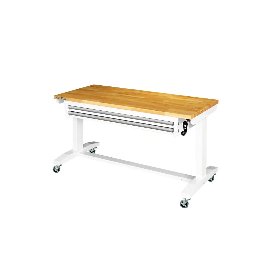 Husky HOLT5202BJ2 52 in. W x 24 in. D Steel 2-Drawer Adjustable Height Solid Wood Top Workbench Table in White