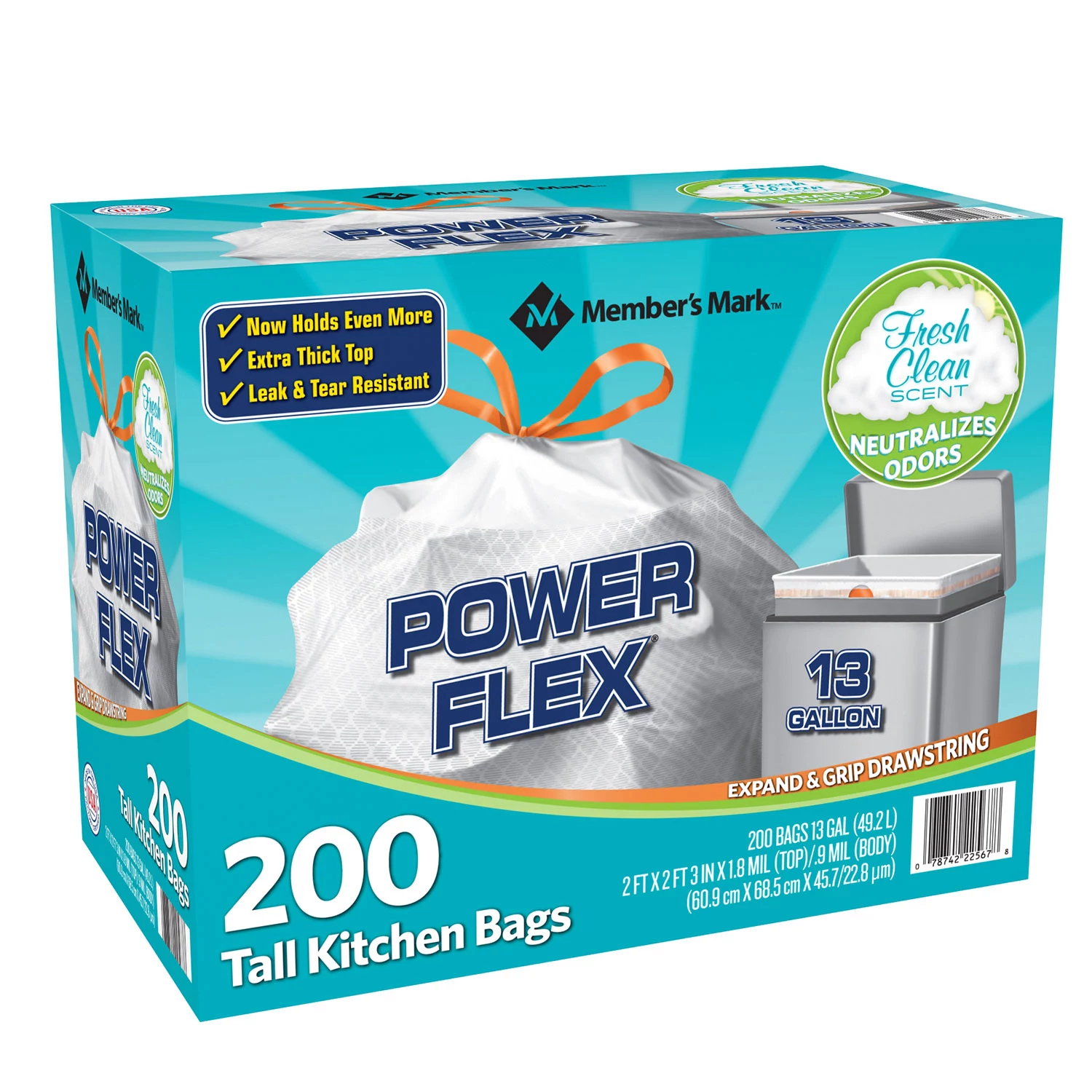 Member-s Mark Power Flex Tall Kitchen Drawstring Trash Bags. Fresh Clean (13 gal.. 200 ct.)