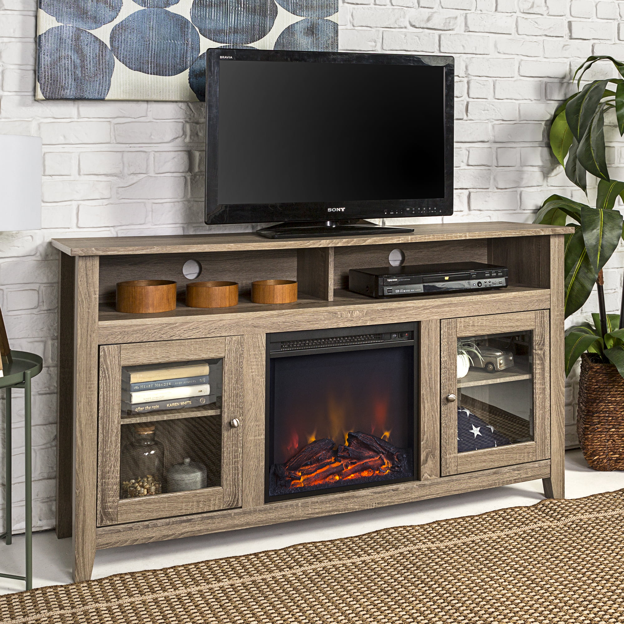 Woven Paths Highboy 2 Door Electric Fireplace TV Stand for TVs up to 65″. Driftwood