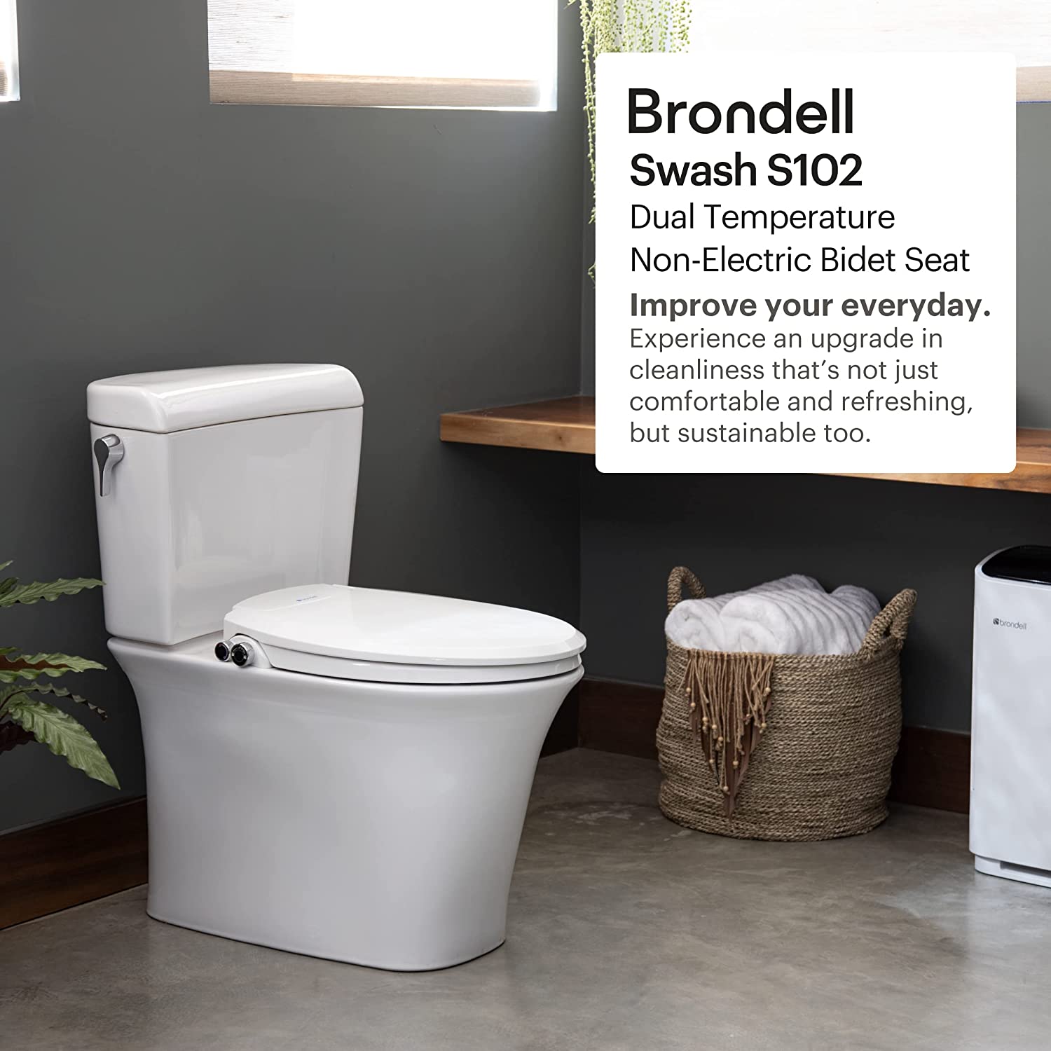 Brondell Bidet Toilet Seat. Non-Electric Swash Ecoseat. Fits Elongated Toilets. White - Dual Temperature. Dual Nozzle System - Bidet with Easy Installation. S102